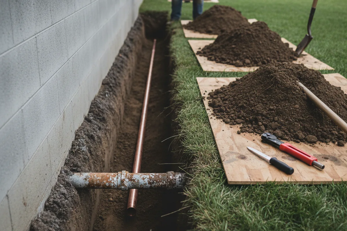 Excavated water line trench during Water Heater Repair in Danville